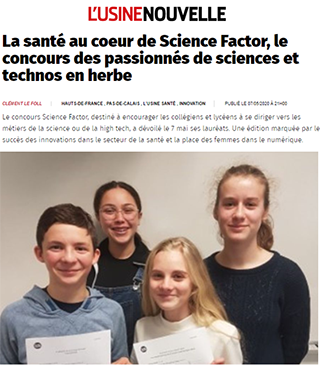 L’Usine Nouvelle : exemple d’article publié sur les projets des finalistes du concours Science Factor 2020